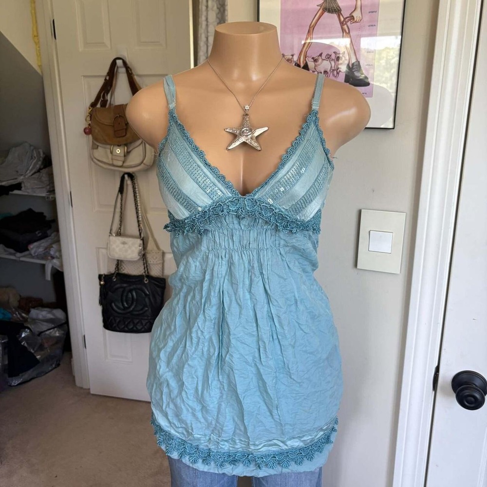y2k 2000s italian blue silk v neck cami (size M)